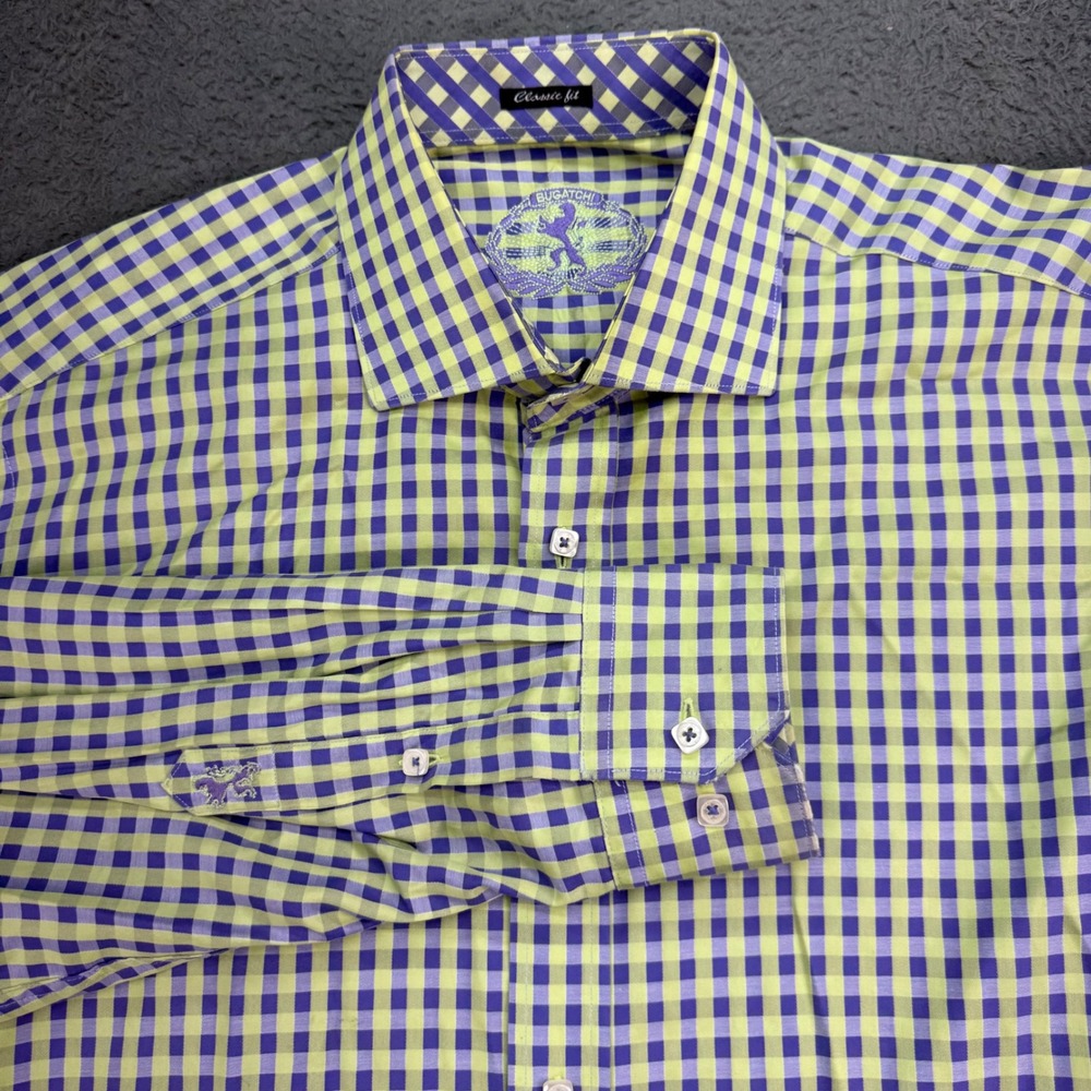 Bugatchi Button Down Shirt Mens XL Green Purple Gingham Classic Fit Long Sleeve